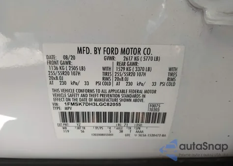 2020 Ford Explorer Xlt из США, поврежденный, VIN 1FMSK7DH3LGC82055